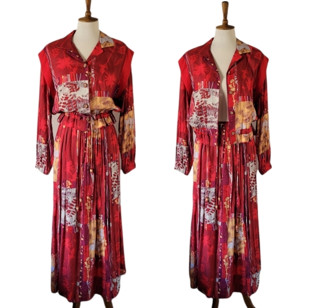 Vintage - Bonnie Boynton Red Abstract Two Piece Skirt Set
